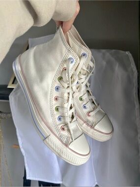 Converse High-Top Sneakers in Cream with Pastel Eyelets